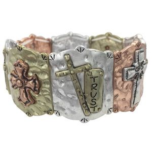 Tri-Tone Mixed Metal Silver Cold Copper Christian Cross Stretch Bracelet